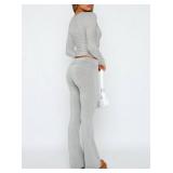 AGECODE 2 Piece Outfits Lounge Sets for Women Ruched Long Sleeve Tops Flare Yoga Pants Tracksuit Workout Sets Gray Medium