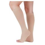 Lin Performance 20 30 mmHg Medical Compression Socks for Women and Men Knee High Open Toe Stockings Varicose Vein Swollen legs(XL, Beige)