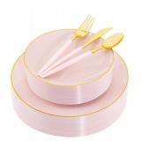 Liacere 150PCS Pink Plastic Plates Gold Plastic Silverware with Pink Handle   Pink Disposable Plates Include 30 Guests Plates, Forks, Spoons, Knives for Wedding & Party