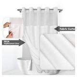 No Hook Slub Textured Shower Curtain with Snap in PEVA Liner Set   71 x 74(72), Hotel Style with See Through Top Window, Fabric Outer Curtain & Waterproof Inner Liner, White, 71x74