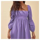 EXLURA Womens Square Neck Dress Long Puff Sleeve A Line Casual Short Mini Dress Purple XXL