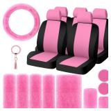 Riakrum 20 Pcs Car Seat Covers Full Set Car Accessories Set Includes Car Seat Protectors Fluffy Steering Wheel Cover Seat Belt Shoulder Pads Handbrake Gear Cover Armrest Pad for Women Girls (Pink)