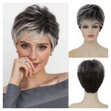 Swiking Women Short Grey Pixie Cut Wig with Bangs Dark Roots Soft Layered Synthetic Hair Wig Daily Costume Wigs(Grey Mix Brown)