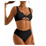 SUUKSESS Women High Waisted Bikini Sets Cut Out Push Up Swimsuits 2 Piece (XXL(10 12), Black)