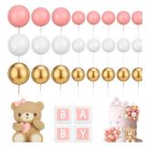 libfrnt 29 Pcs Ball Cake Topper Bear Cake Topper Baby Shower Cake Decorations with Cute Bear Blue BABY Letter Blue Gold White Foam Balloon for Baby Shower Cake Topper Girl Boy(Pink)