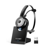 TECKNET Bluetooth 5.0 Headset with Microphone for PC, USB Wireless Headset with Mic for Work, 40Hrs Worktime AI Noise Cancelling On Ear Bluetooth Headphones with Charging Base for Laptop/Call Center