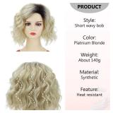 Beimer Platnium Blonde Curly Wig for White Women Short Ombre Blonde Wavy Wigs Synthetic Cute Bob Wig with Dark Roots for White Women Natural Looking Colorful Daily Cosplay Girl Wigs