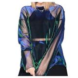 Women See Thru Sparkly Cover Up Tops E Girls Metallic Shiny Oversized Tee Shirts (S, Blue Green)