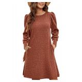 Zeagoo Womens Fall Dress Puff Long Sleeve Knit Dress Casual Lightweight Pullover T Shirt Dress Tunic Dresses, Caramel M