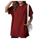 Dokotoo Tunic Tops for Women Loose Fit Dressy Tops Hooded T Shirt Dress Summer Casual Crewneck Oversized Tshirts Short Sleeve Shirts Hoodies for Women Long Tunic Tops with Pockets Red Shirt Large