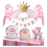 Princess Plates and Napkins Party Supplies - Serves 16 - Princess Birthday Decorations Includes Paper Plates Cups Napkins Cutlery Balloons Banner Tablecloth Party Favor Decor Idea