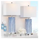 Touch Control Table Lamps with White Fabric Shade Set of 2, 3-Way Dimmable Modern Ceramic Blue Nightstand Bedside Lamp with 2 USB Ports 1 AC Outlet for Living Room, Bedroom (LED Bulbs Included) - Reta