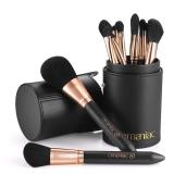 OMANIAC Makeup Brush Set Professional, 12 Pearlescent Wood Handle Makeup Brushes, Premium Cruelty-Free Synthetic Fiber Hair, Travel Make up Brushes Set with Case (Black).