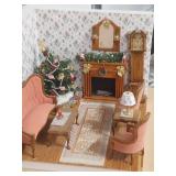 doll chair and miniature christmas scene