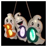 FINGOOO Halloween Door Decor Hanging Sign,BOO Ghost Halloween Door Hanger with Light for Front Door Decorations Outdoor