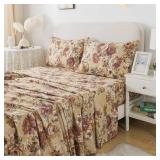 FADFAY Sheets Set Queen Tan Peony Floral Bedding Shabby Brown Flower Bed Sheet Set Vintage Farmhouse Bedding 100% Cotton Ultra Soft Breathable Bedding with Deep Pocket Fitted Sheet 4Pcs, Queen Size - 