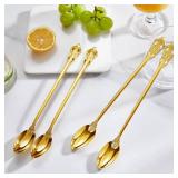 KEAWELL Luxurious 9 Inch Long Iced Tea Spoon Set - 4 Pieces - Gorgeous Design with Exceptional Mirror Polished Finish - 18/10 Stainless Steel- Perfect for Tall Glasses, Cocktails (Gold)