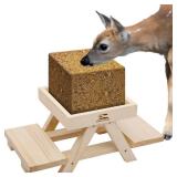 Solution4Patio Small Picnic Table Deer Block Feeder, Handmade Wooden Deer Salt Feeder, with Mesh Bottom, Attractive Backyard Deer Feeder, Easy to Assemble and Fill