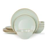 Famiware Jupiter Dinnerware Set, Plates and Bowls Sets for 4, Microwave and Dishwasher Safe, Scratch Resistant, 12 Pieces Dishes Set, Light Green Retail $69.99