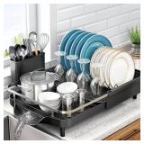 Dish Drying Rack, Expandable Dish Rack for Kitchen Counter, Stainless Steel Dish Drainer with Drainboard Set and Utensil Holder (Black) Retail $43.74