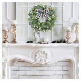 Dremisland 12" Artificial Eucalyptus Wreath with Plaid Bow | Spring Summer Green Leaf Wreath for Front Door Window Porch Farmhouse Decor Festival Celebration Home Decor (White&Black Plaid-Small) Retai