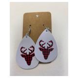 White with Buffalo plaid reindeer festive holiday earrings NEW