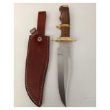 Handmade D2 steel bowie style blade knife wood and brass handle with leather sheath aprox 12 inch