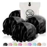 Extra Large Reusable Shower Cap for Men, Women (Black 4 Pack ) Satin Double Layer EVA Waterproof Long Hair Cap