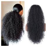 Alebery 27 Inch Drawstring Ponytail Extension for Black Women Deep Curly Ponytail Extension Synthetic Mixed with Human Hair Hairpieces Afro Kinky Curly Pony Tail for Daily Use (Black)