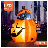 Joiedomi 5 FT Halloween Inflatables Outdoor Decorations, Inflatable Halloween Decor Outdoor Blow Up Pumpkin for Yard, Animated Halloween Inflatable Cat On Pumpkin with LEDs for Halloween Decorations