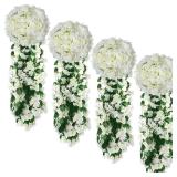 4 Pack Violet Hanging Flowers Artificial Decor 5 Petal Silk Violet Simulation Hanging Plant Faux Hanging Royal Violets Hanging Artificial Orchid for Home Garden Wedding Indoor Outdoor Decor (White)