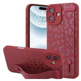 OOK Compatible with iPhone 16 Plus Wine Red Leopard Case with Wrist Strap, Leopard Cheetah TPU Shockproof Protection Slim Silicone Cover with Camera Lens Protection for Women Girls, for 6.7inch