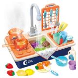 CUTE STONE Pretend Play Kitchen Sink Toys with Play Cooking Stove, Pot and Pan with Spray Realistic Light and Sound, Dish Rack & Play Cutting Food, Utensils Tableware Accessories for Kids Toddlers