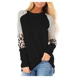 Leopard Print Tops for Women Long Sleeve Crew Neck Patchwork T Shirt Black L