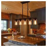 Dining Room Light Fixture,5-Light Kitchen Island Lighting Farmhouse Chandeliers for Dining Room with Clear Glass Shade Rustic Wood Chandelier Kitchen Pendant Light Fixtures Over Table,Black Metal - Re