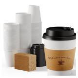 LITOPAK 100 Pack Disposable Coffee Cups with Lids and Kraft Sleeves, 10 oz White Coffee Cups, Paper coffee Cups for Hot Drinks