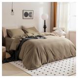 JELLYMONI Khaki Duvet Cover Full Size - 100% Washed Cotton Linen Feel Textured Comforter Cover, 3 Pieces Breathable Soft Bedding Set with Zipper Closure (Khaki, Full 80"x90")