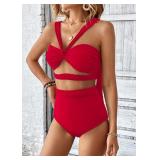 SporlikeWomen High Waisted Bikini Braided Swimsuit Padded Bathing Suit(Red,Medium)