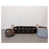 Handled Metal "Basket", Glass Mosaic Candleholder and Square Clay Planter