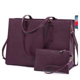 LOVEVOOK 17.3-inch Laptop Bag for Women, Large Capacity Travel Tote Bag with Clutch Purse 2PCs Set, Professional Business Computer Work Bag, Leather Shoulder Briefcase for Office Lady, Deep Plum