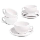 LE TAUCI 6 oz Cappuccino Cups with Saucersï¼Ceramic Coffee Cup for Au Lait, Double shot, Latte, Cafe Mocha, Tea - Set of 4, White