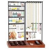 AJINGSHANG Jewelry Holder Organizer, Earring Display Stand with 180 Holes,16 Necklace Hooks and Bracelet Holder, Jewelry Tree for Storage Watches Necklaces with Removable Ring Tray-Black