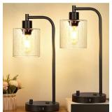 Set of 2 Industrial Table Lamps with 2 USB Port, Fully Stepless Dimmable Bedside Lamps for bedrooms, Nightstand Desk Lamps with Seeded Glass Shade for Reading Living Room Office 2 LED Bulb Included