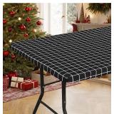 Rectangle Vinyl Table Cloth, Elastic Fitted Flannel Backed Plastic Table Covers for 6 Foot Folding Tables, Waterproof for Picnic, Camping, Indoor and Outdoor (Black, 30 x 72 inch)