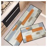 Tayney Orange Abstract Kitchen Rugs and Mats Non Skid Washable Set of 2, Beige Contemporary Painting Art Kitchen Mats for Floor, Modern Kitchen Runner Rug Brown Grey Kitchen Decor