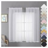 Lecloud Doris Texture Sheer White Curtains 63 Inch Length 2 Panels, Dual Rod Pockets Small Window Curtain & Drapes for Bedroom Living Room Kitchen Backdrop, Faux Linen Gauzy Sheer Panel, 40W x 63L