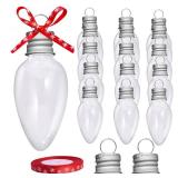 16 Packs 3.4 Inch Fillable Light Bulb Shape Clear Plastic Christmas Ornaments with Screw Off Cap and 1 roll of Red Snowflake Ribbon for DIY Crafts Christmas Tree Hanging Decoration