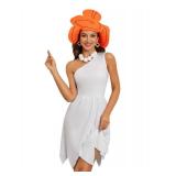 Laqeyko Women Wilma Flintstone Dress Betty Fred Pebbles Costume Adult One Shoulder Halloween Outfit White LA257-L