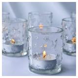 VOHO Votive Candle Holders Bulk Sparkle Stars Design for Centerpiece Table Decorations, Clear Tea Lights Candle Holder Set of 12 for Christmas Themed Party, Baby Shower, Wedding