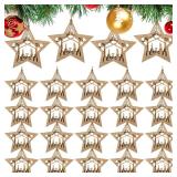 Blulu 24 Pieces Nativity Scene Ornaments Christmas Wooden Hanging Ornament Star Shaped Multilayer Nativity Christmas Tree Ornaments Keepsake The Birth of Jesus Decor Religious Gift for Family (Gold)